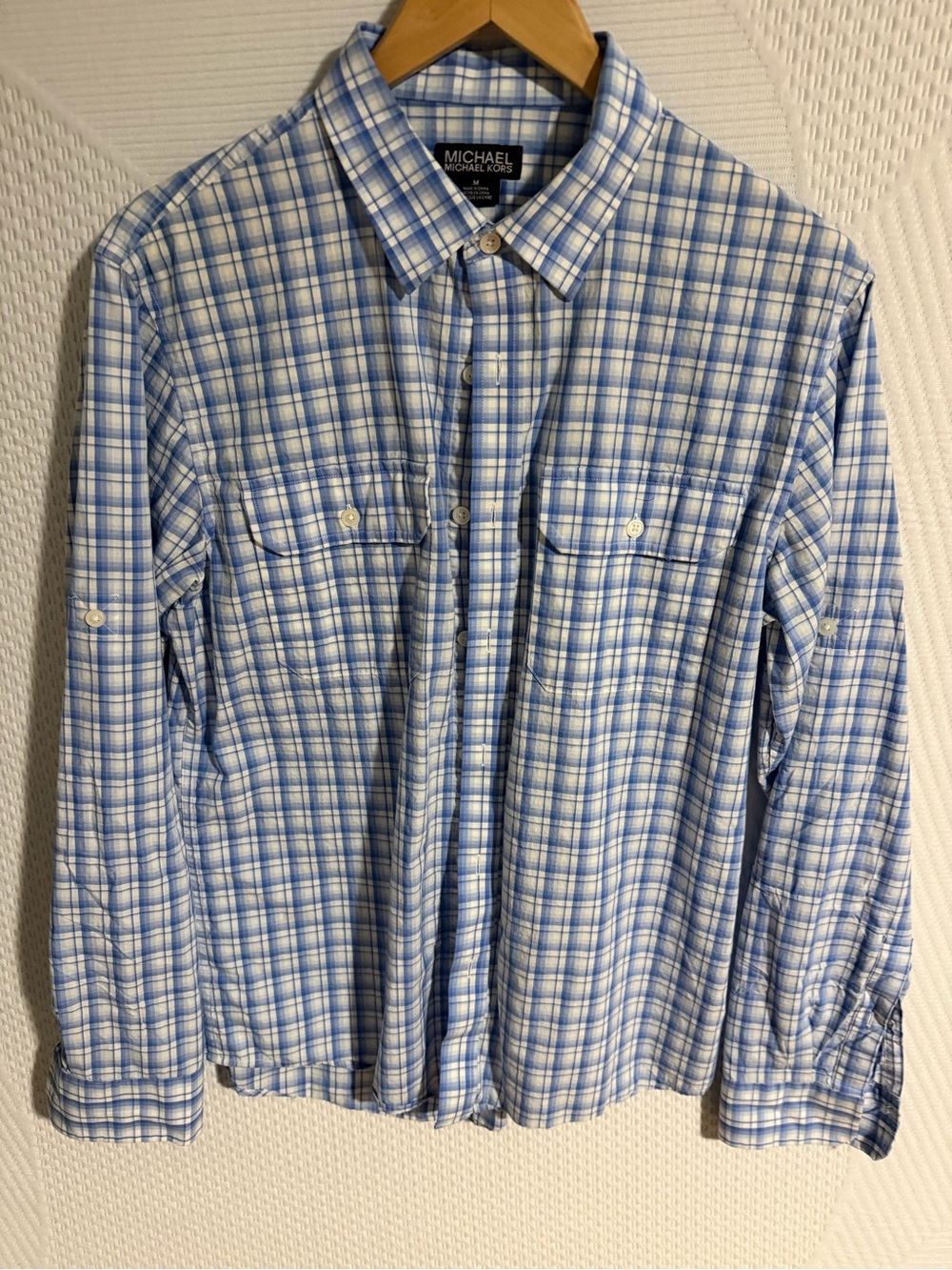 Michael Kors Light Blue and White Plaid Button-Down Shirt
